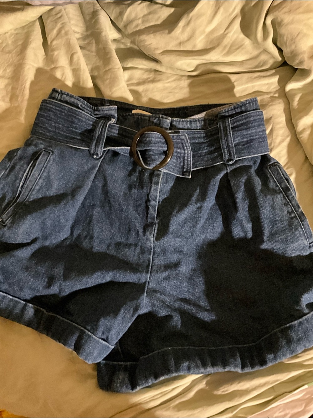 Sezane Dark Blue High-Waist Denim Shorts with Belt